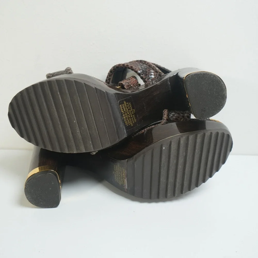 Tory Burch Karmen Platform Sandals 7M Brown Snakeskin Wood‎ Block Heel Gold